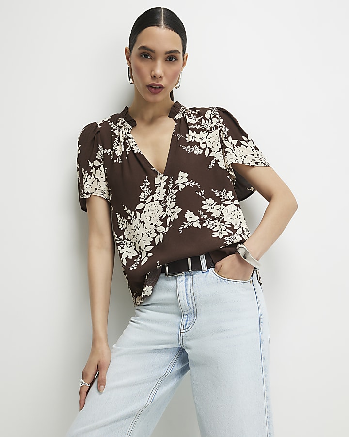 Brown Floral Print Short Sleeve Top