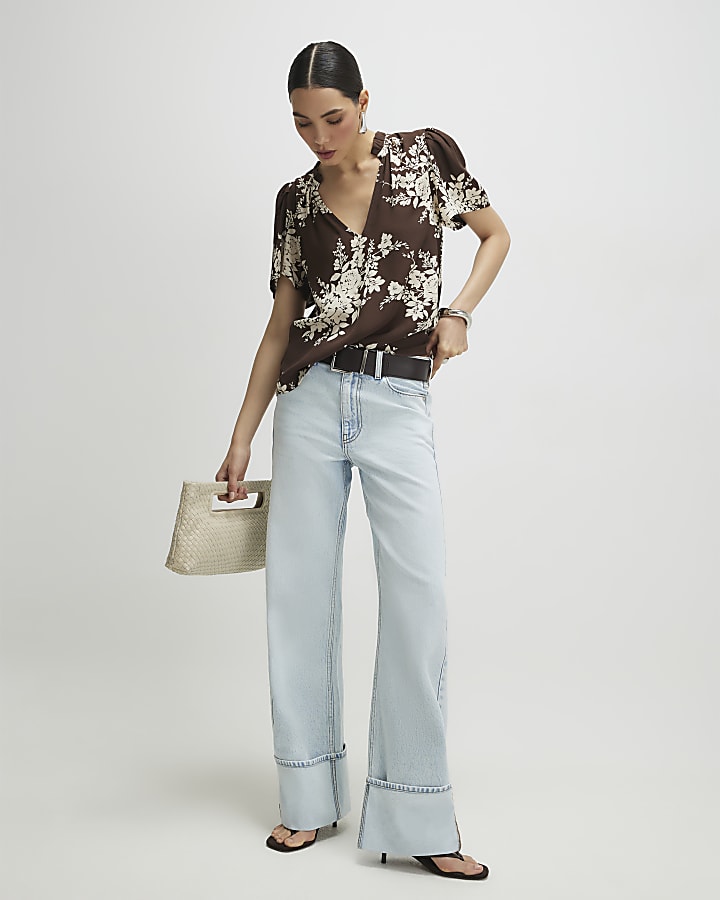 Brown Floral Print Short Sleeve Top