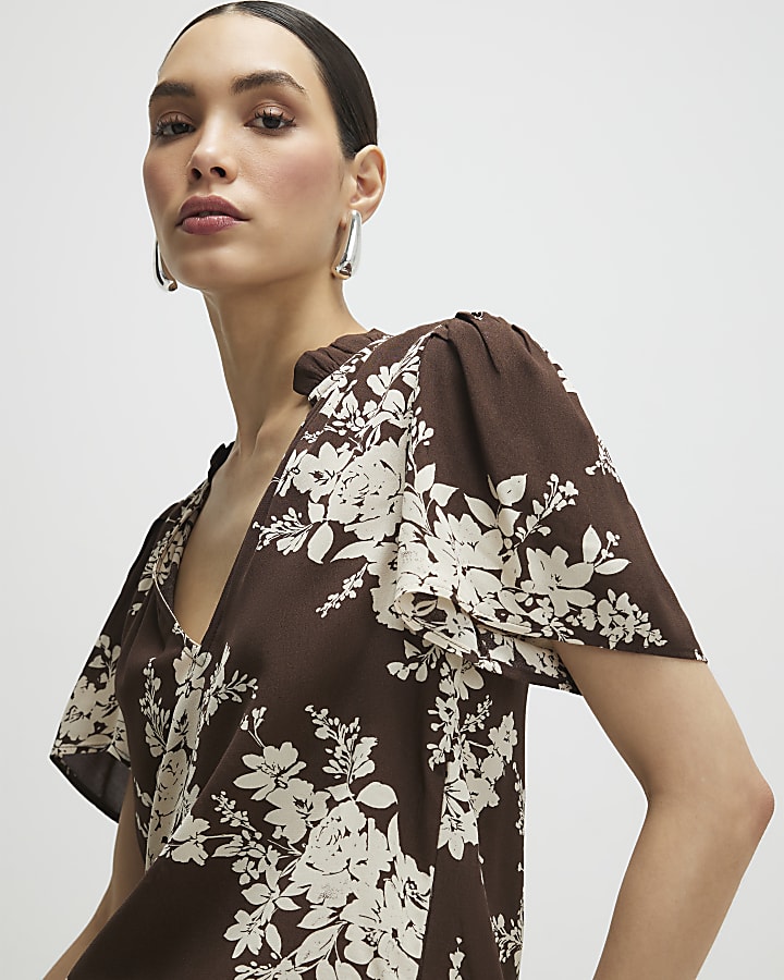 Brown Floral Print Short Sleeve Top