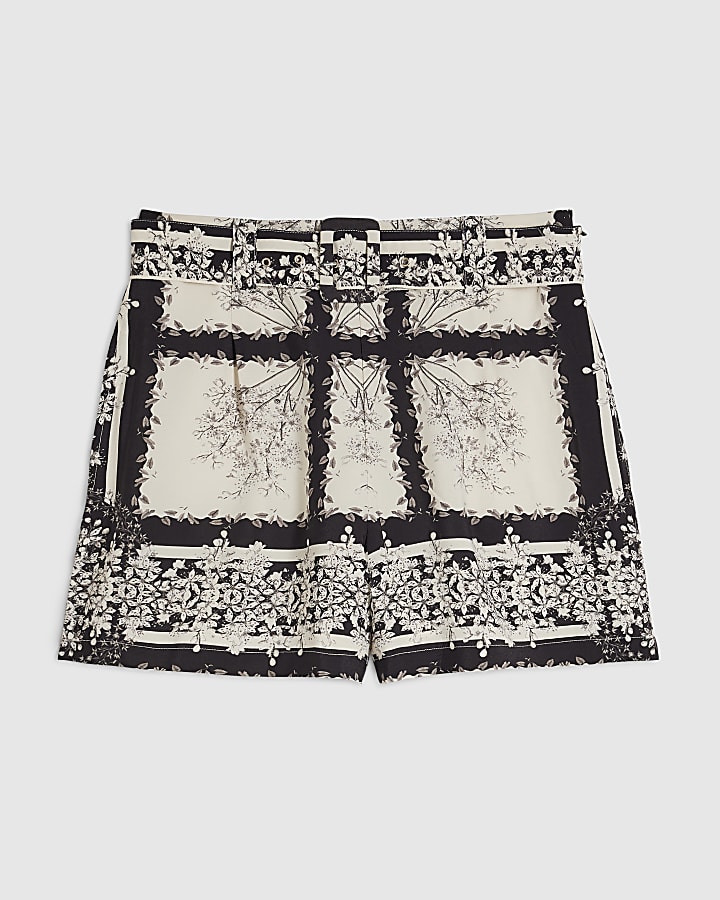 Black Boarder Print Belted Shorts