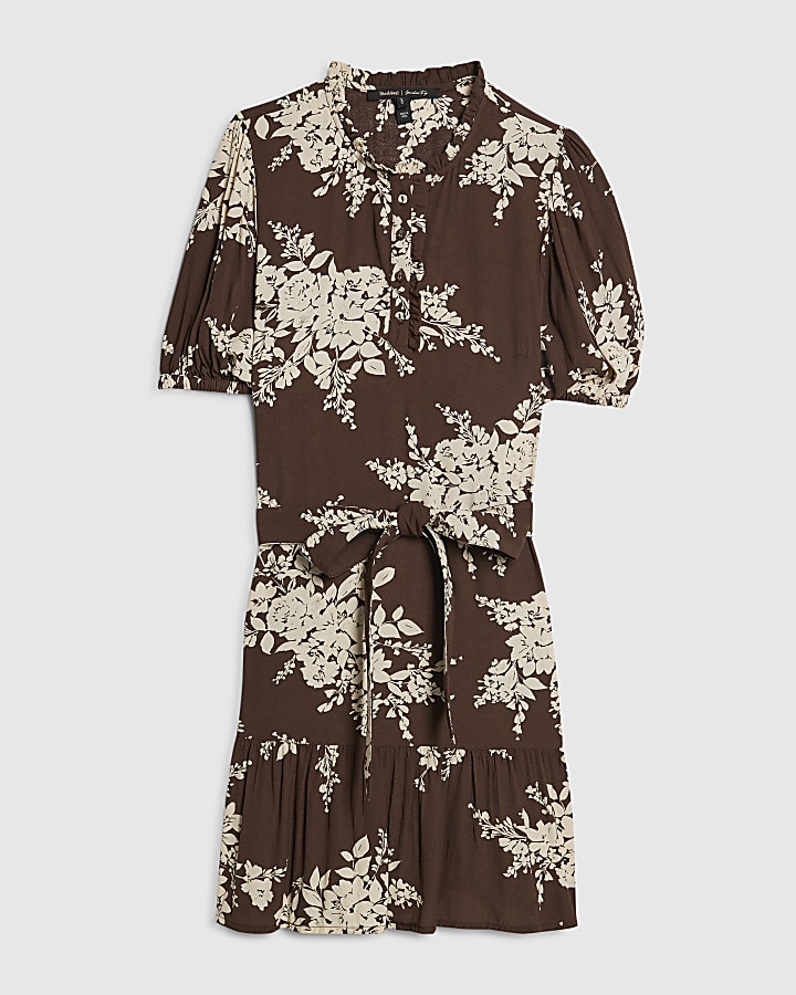 Brown Floral Shaped Mini Dress