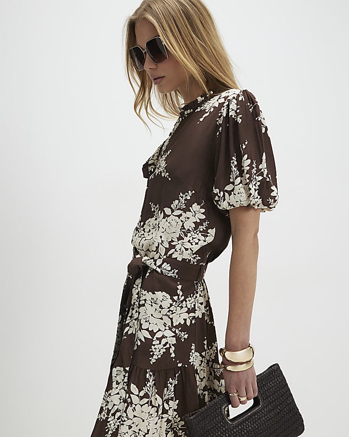 Brown Floral Shaped Mini Dress