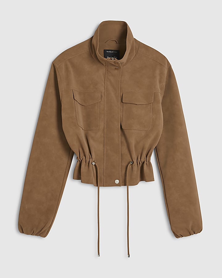 Beige Funnel Neck Drawstring Jacket