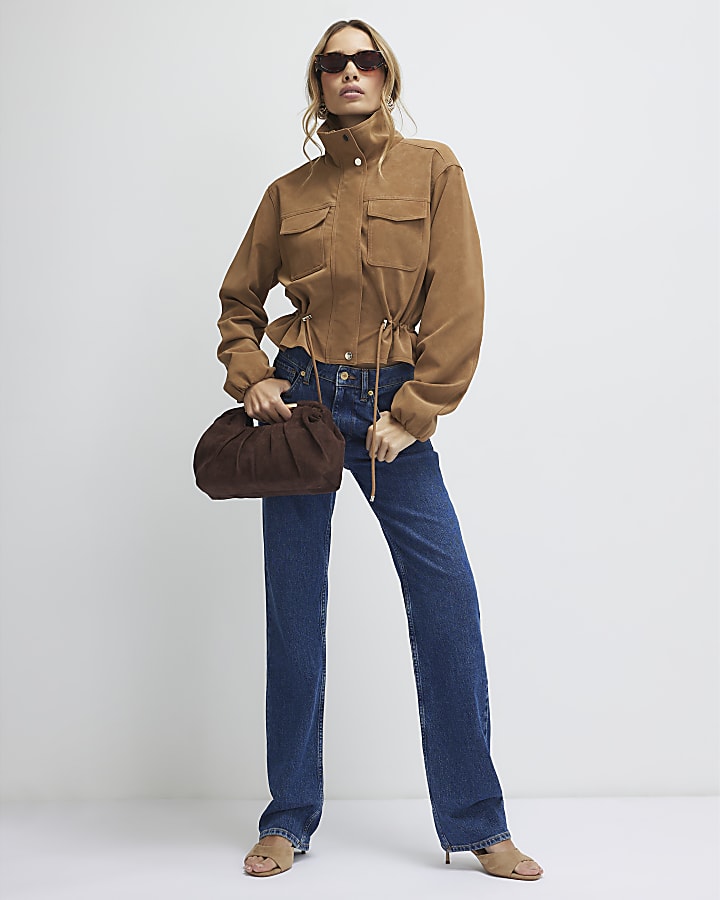 Beige Funnel Neck Drawstring Jacket