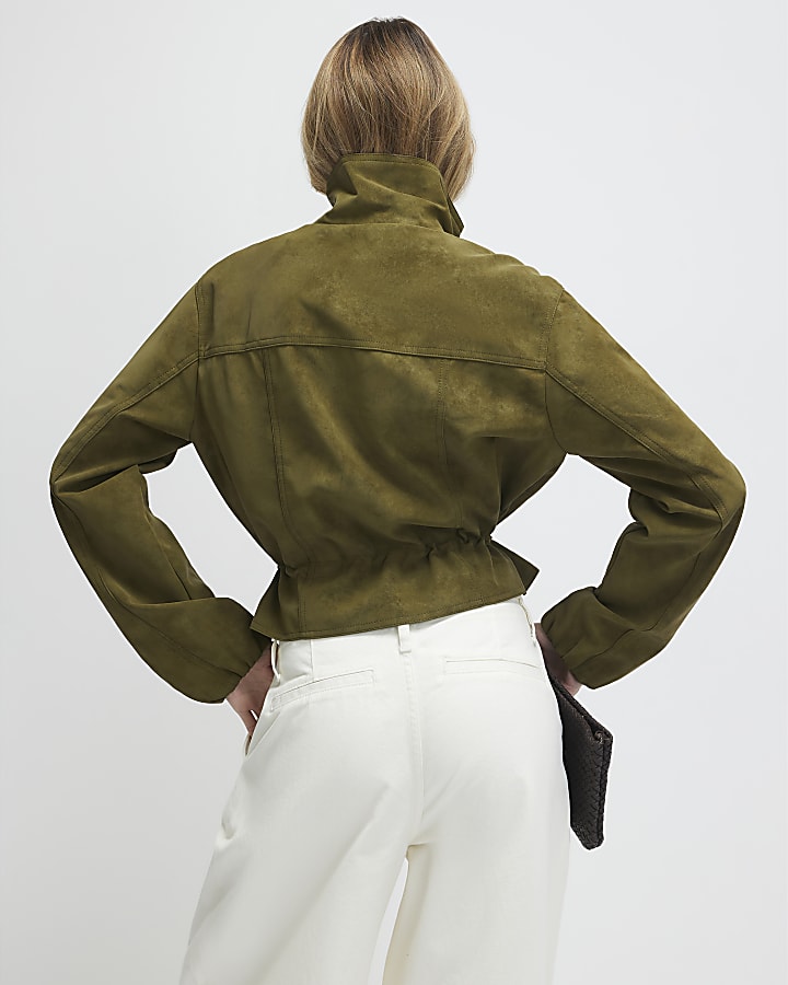 Khaki Funnel Neck Drawstring Jacket