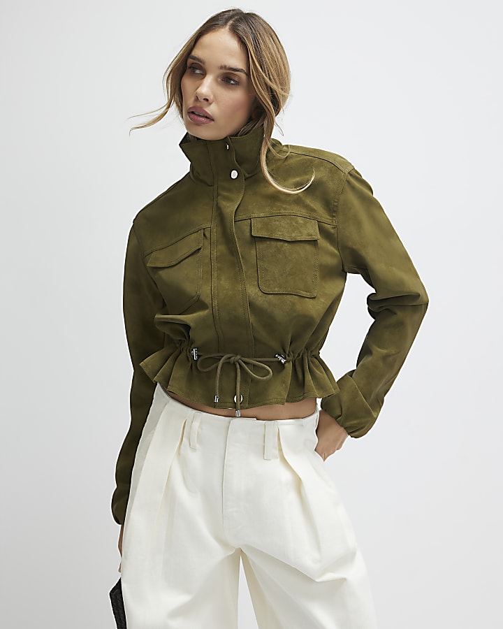 Khaki Funnel Neck Drawstring Jacket