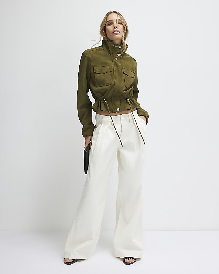 Khaki Funnel Neck Drawstring Jacket