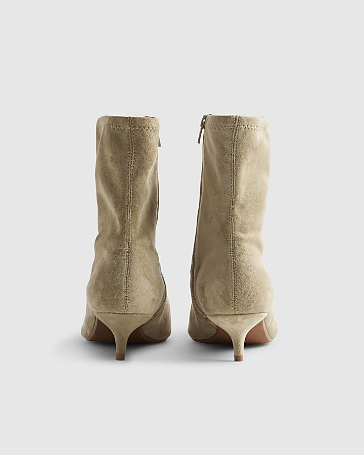 Beige Faux Suede Pointed Toe Sock Boots
