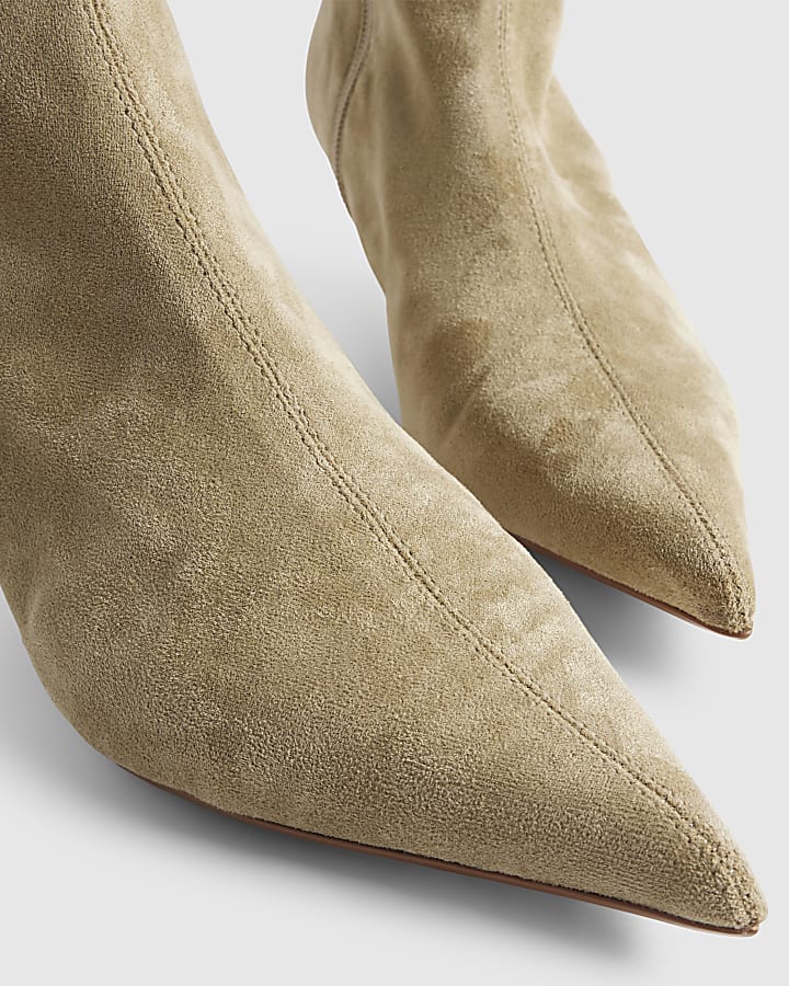 Beige Faux Suede Pointed Toe Sock Boots