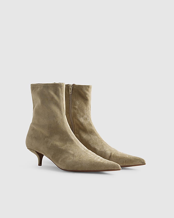 Beige Faux Suede Pointed Toe Sock Boots