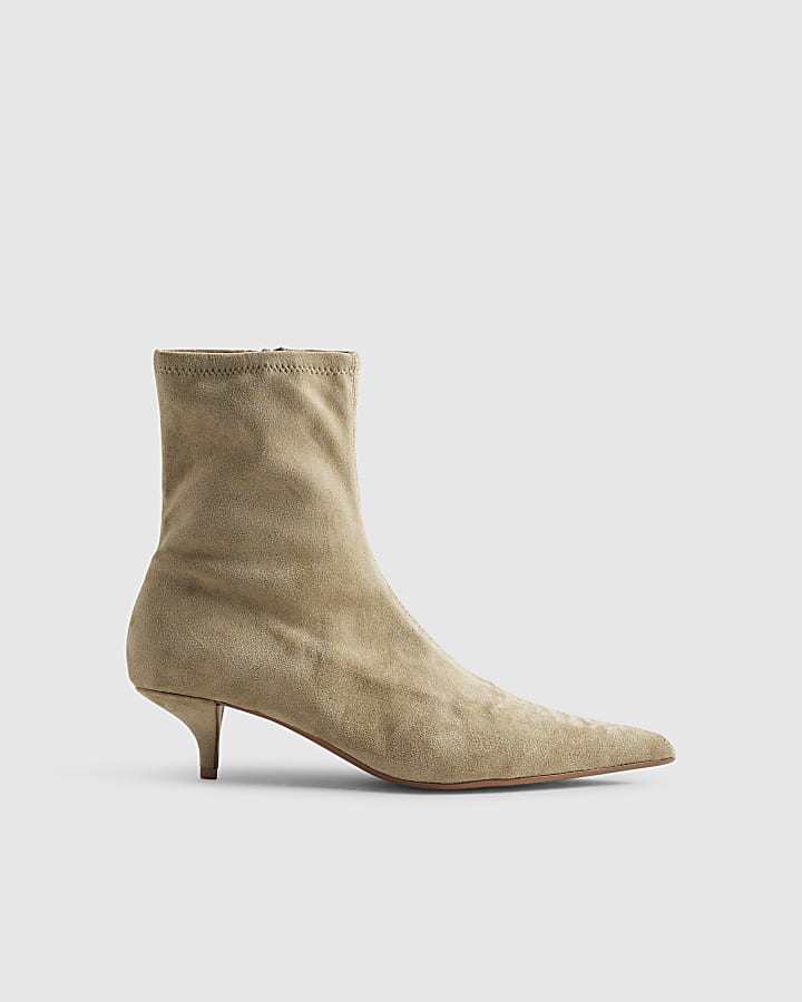 Beige Faux Suede Pointed Toe Sock Boots