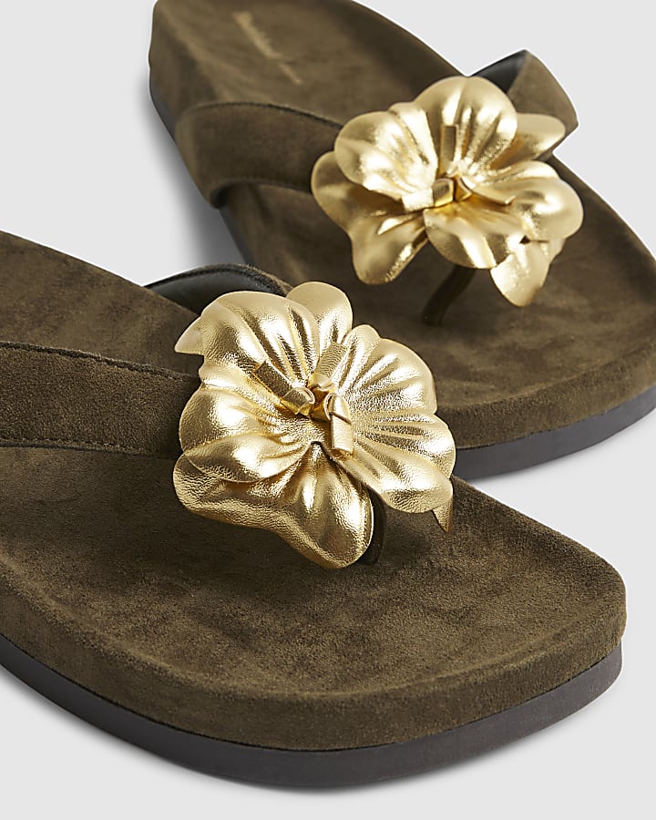 Khaki Flower Toe Thong Flat Sandals