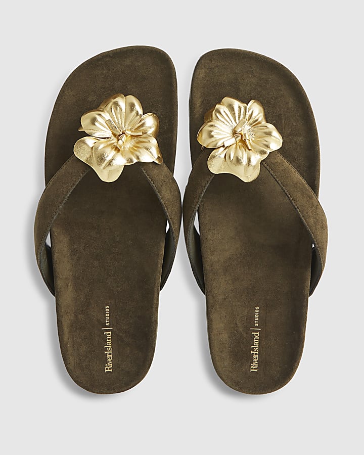 Khaki Flower Toe Thong Flat Sandals