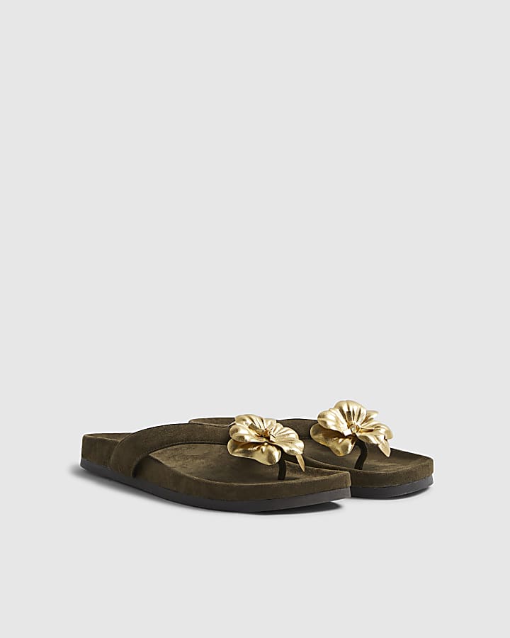 Khaki Flower Toe Thong Flat Sandals