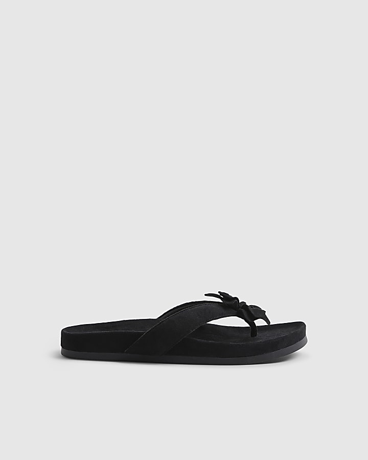 Black Flower Toe Thong Flat Sandals