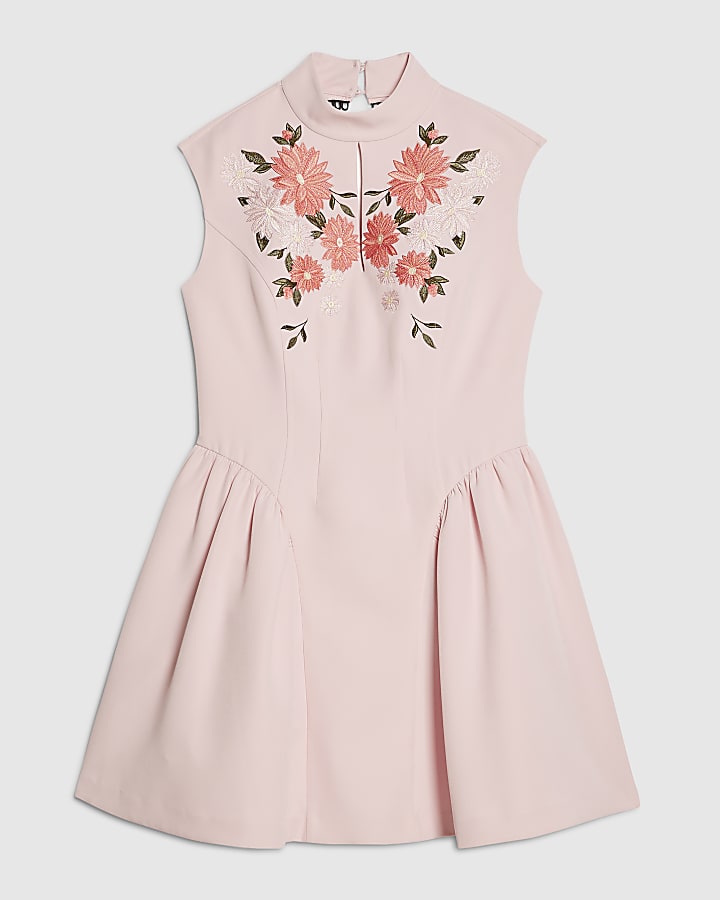 Pink Floral Embroidered Mini Dress