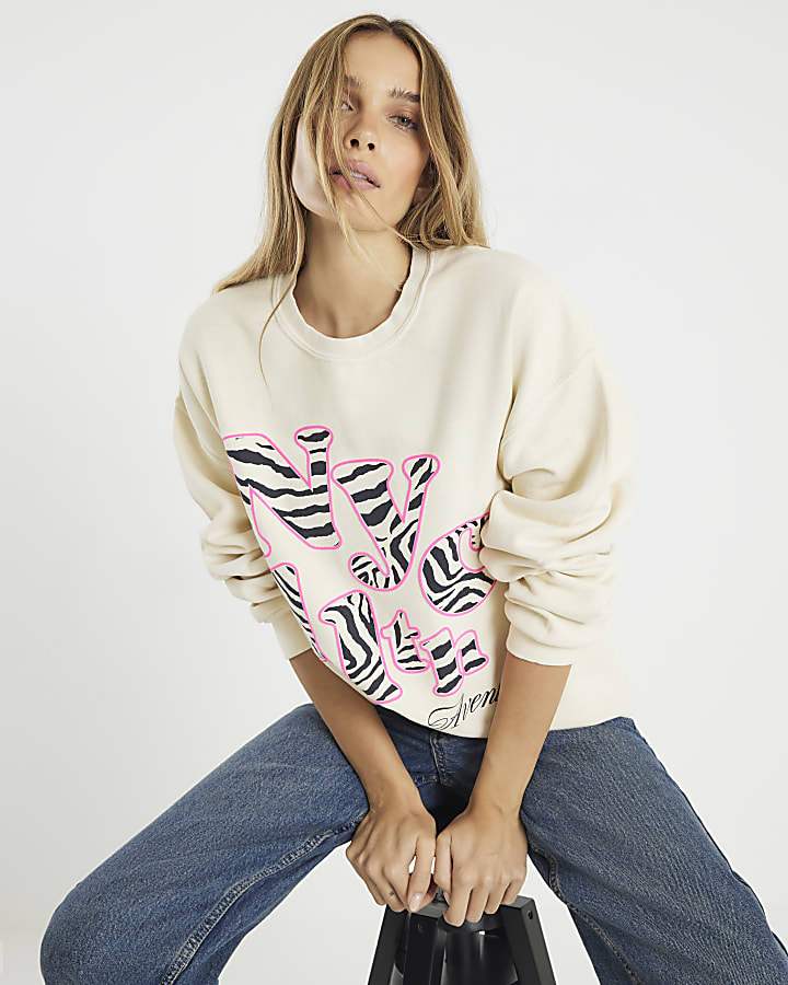 Cream Long Sleeve Zebra Print NYC Sweatshirt