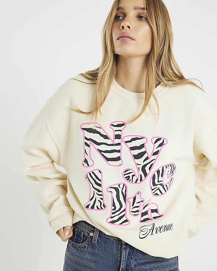Cream Long Sleeve Zebra Print NYC Sweatshirt