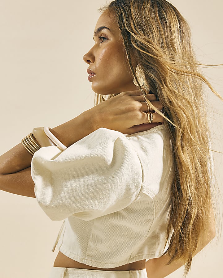 Cream Tie Front Puff Sleeve Top