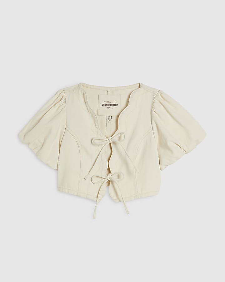 Cream Tie Front Puff Sleeve Top