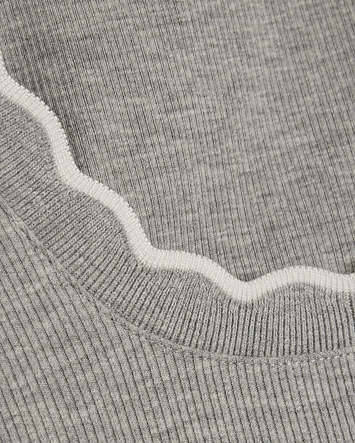 Grey Cotton Blend Scallop Trim Tank Top