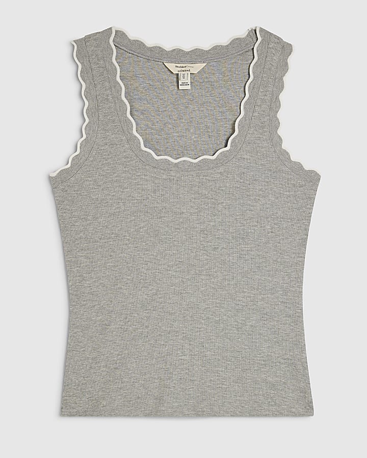 Grey Cotton Blend Scallop Trim Tank Top