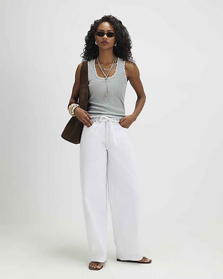 Grey Sleeveless Scallop Trim Tank Top