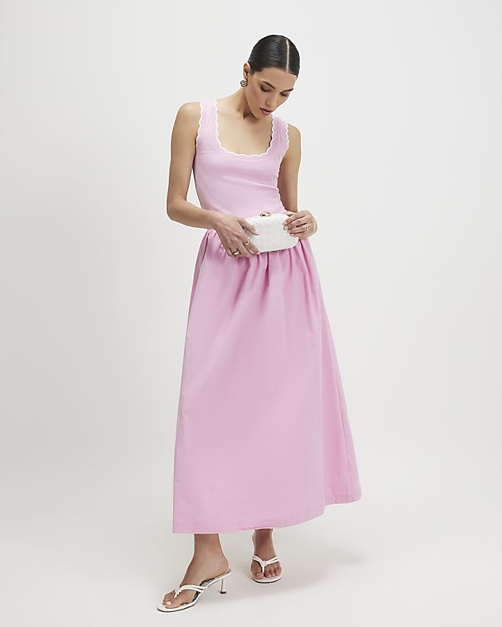 Pink Sleeveless Scallop Hybrid Maxi Dress