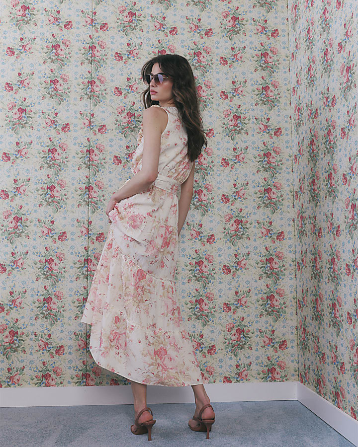 Beige Corsage Tiered Linen Blend Dress