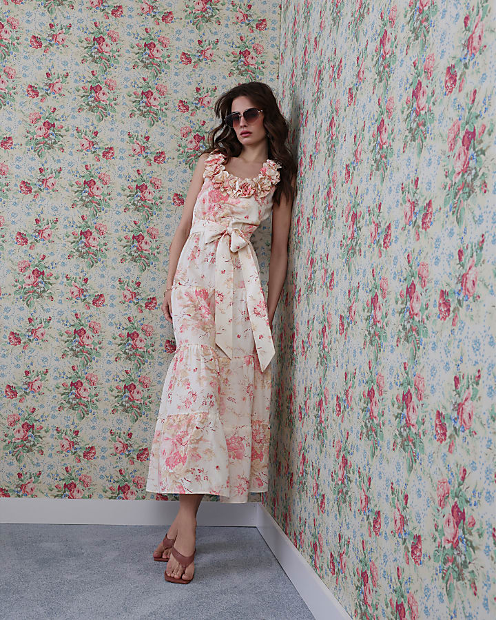 Beige Corsage Tiered Linen Blend Dress