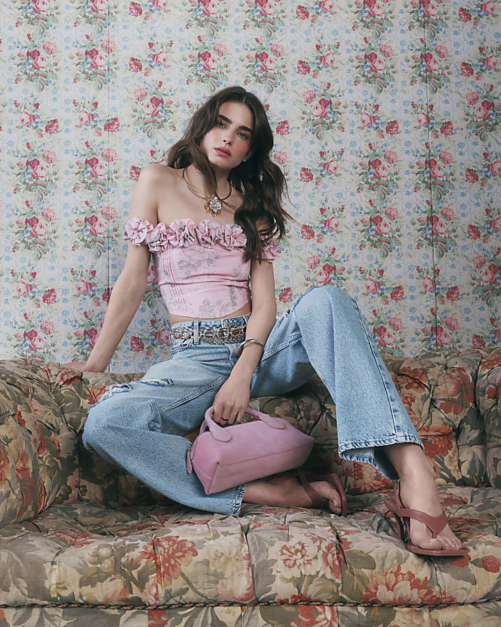 Pink Floral Sleeveless Bustier Corset Top