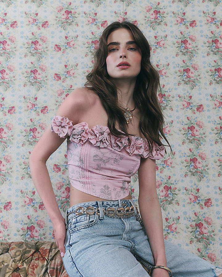 Pink Floral Sleeveless Bustier Corset Top