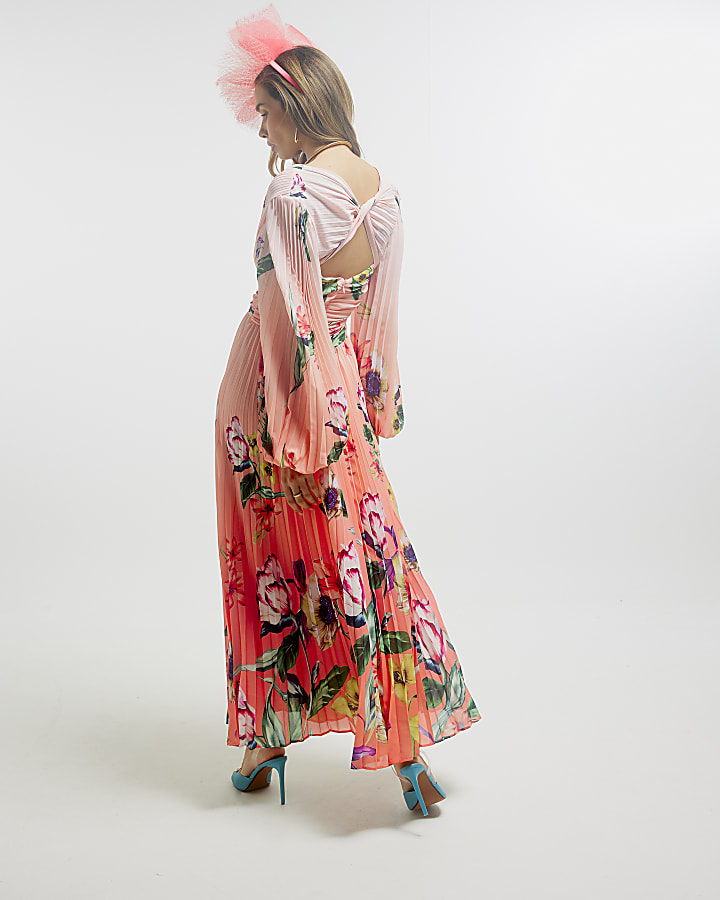 Pink Premium Plisse Floral Midi Dress