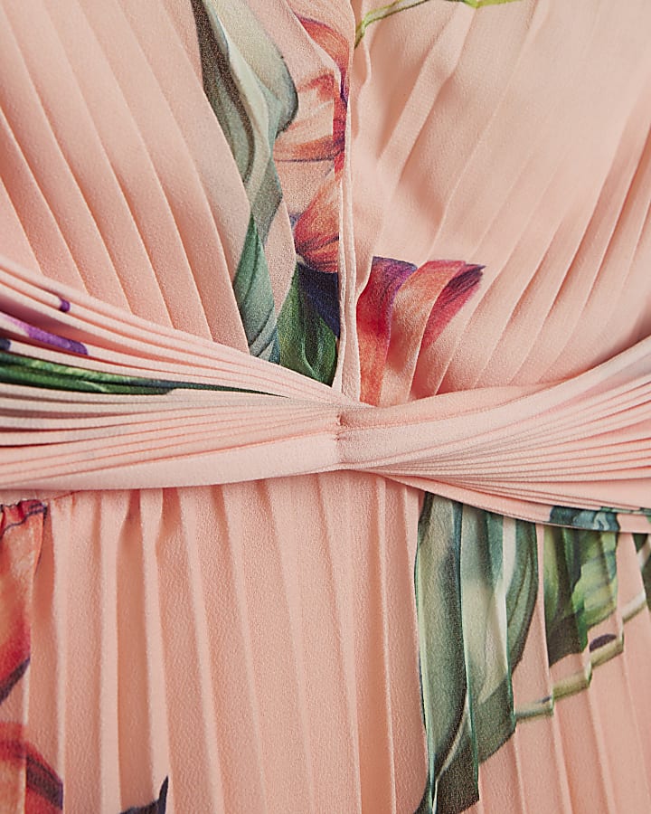 Pink Premium Plisse Floral Midi Dress