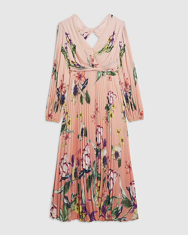 Pink Premium Plisse Floral Midi Dress