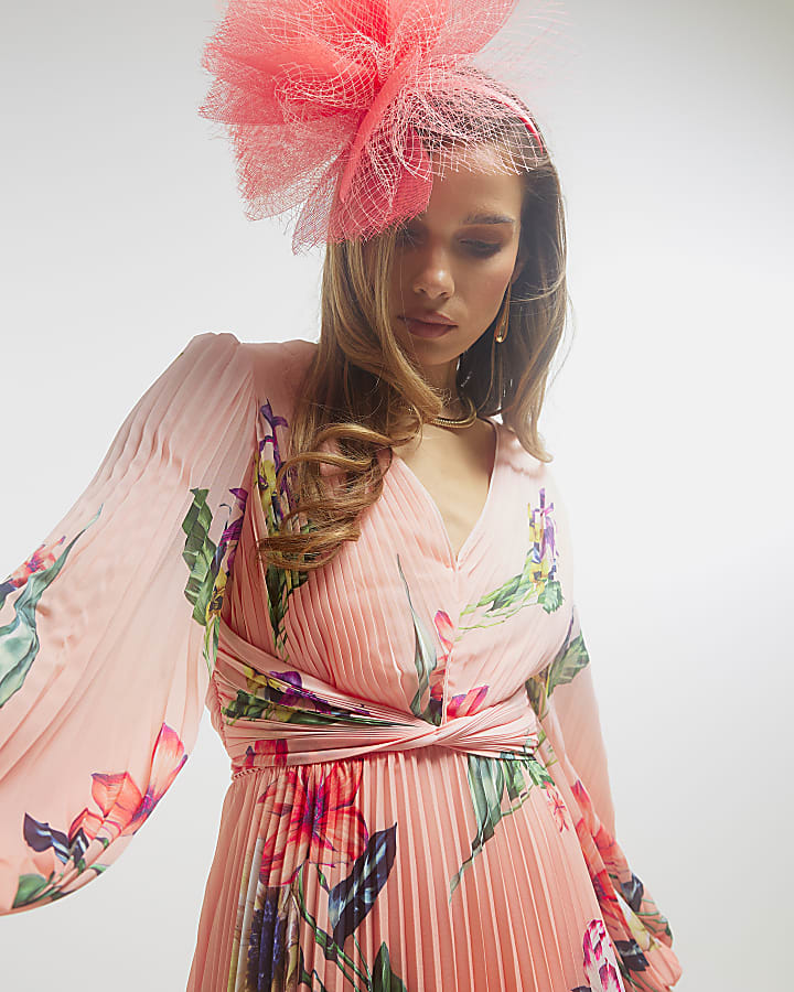 Pink Premium Plisse Floral Midi Dress