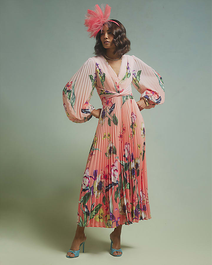 Pink Premium Plisse Floral Midi Dress