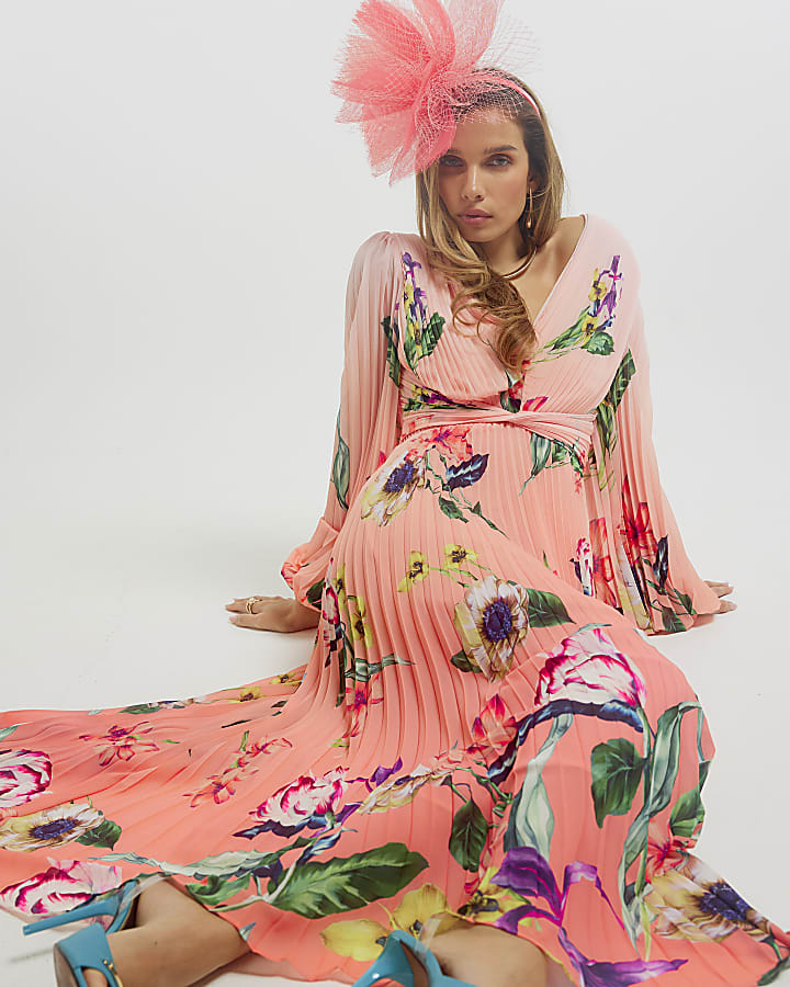 Pink Premium Plisse Floral Midi Dress