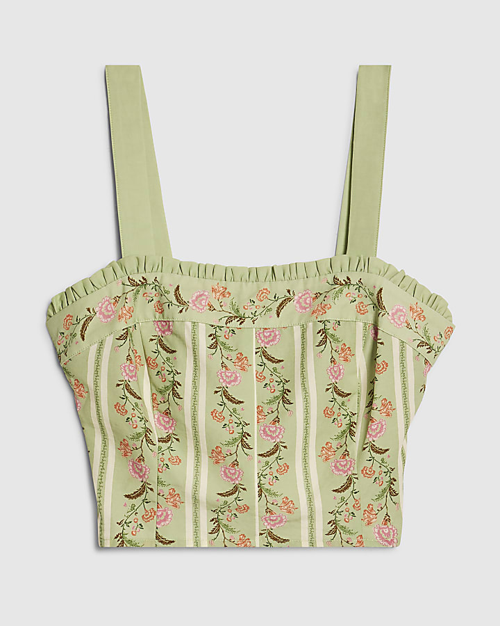 Green Floral Ruffle Trim Corset Top