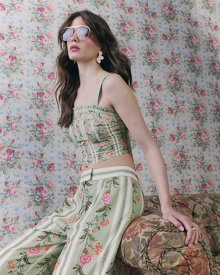 Green Floral Ruffle Trim Corset Top