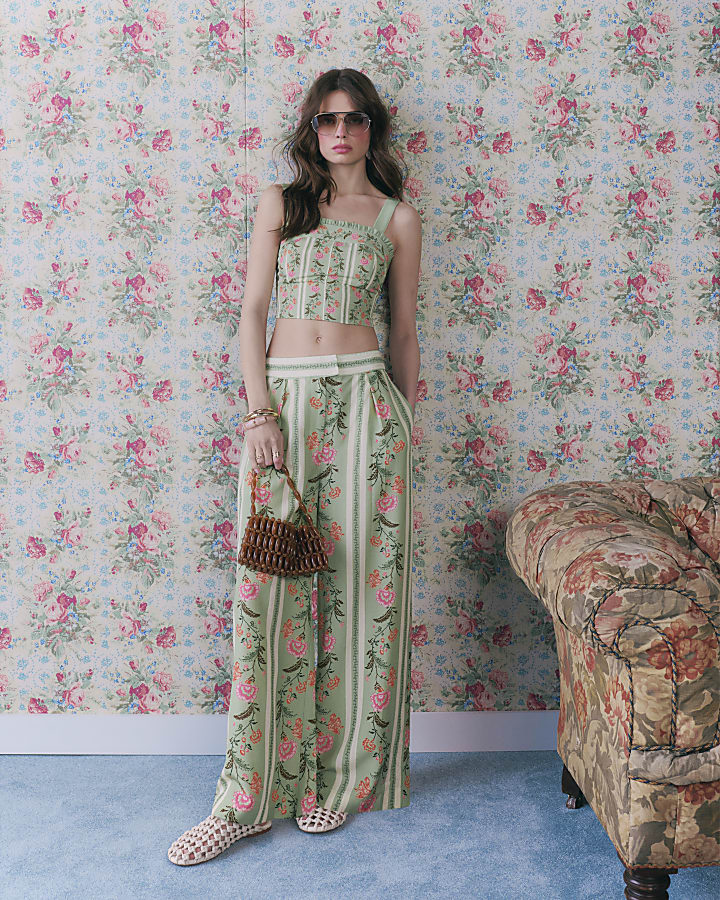 Green Floral Ruffle Trim Corset Top