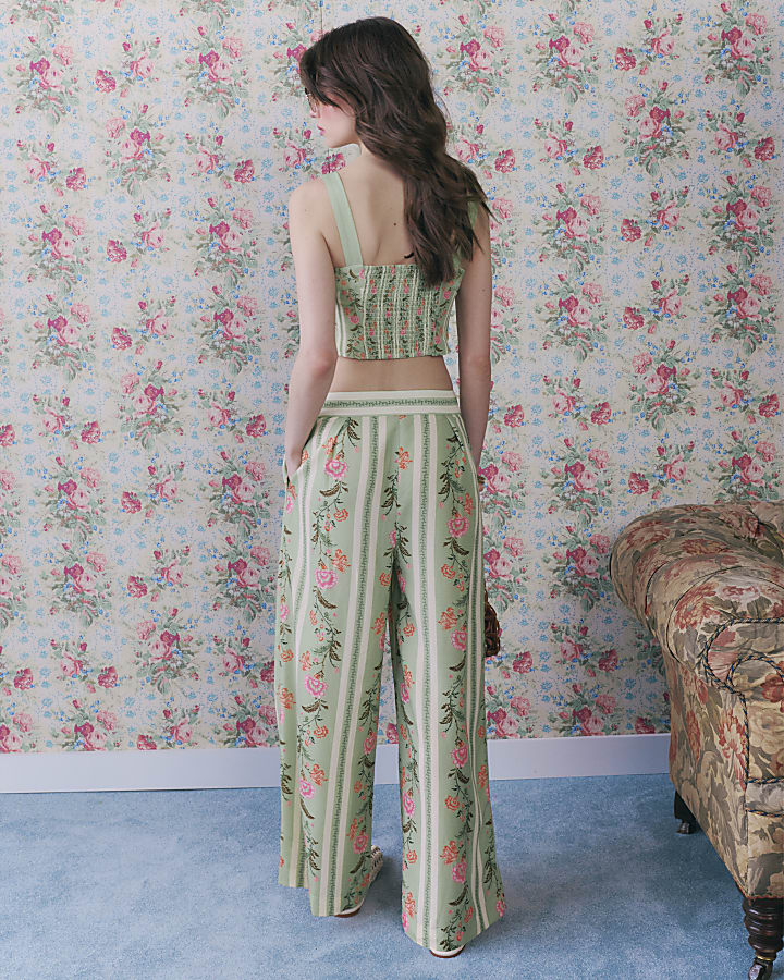 Green Floral High Waisted Wide Leg Trousers