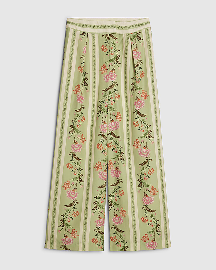 Green Floral High Waisted Wide Leg Trousers