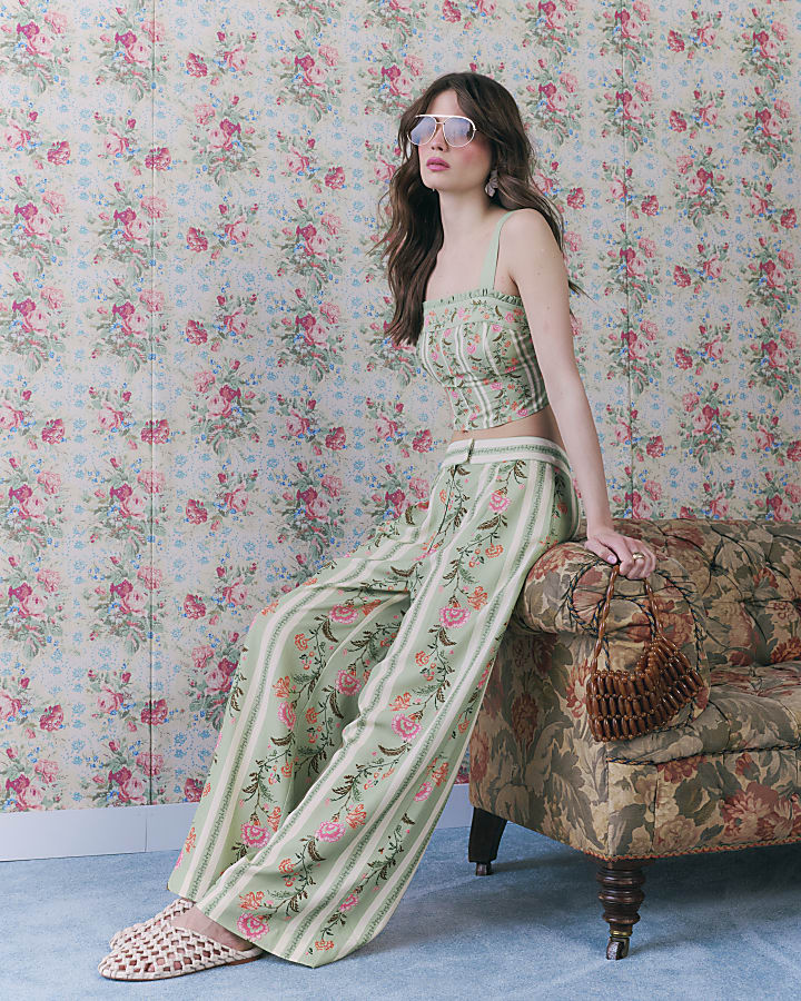 Green Floral High Waisted Wide Leg Trousers