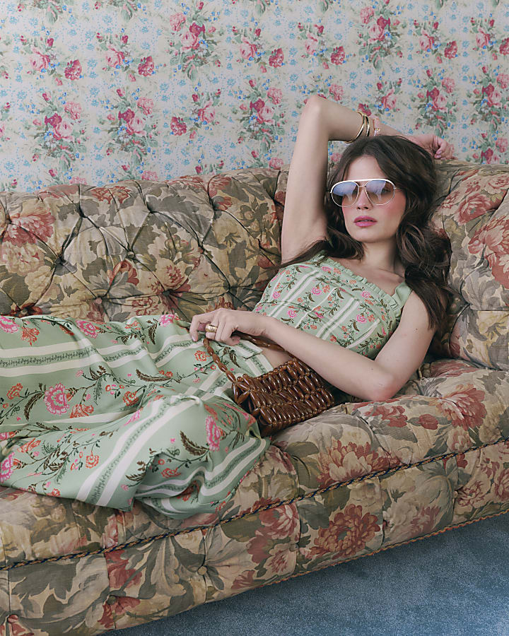 Green Floral High Waisted Wide Leg Trousers