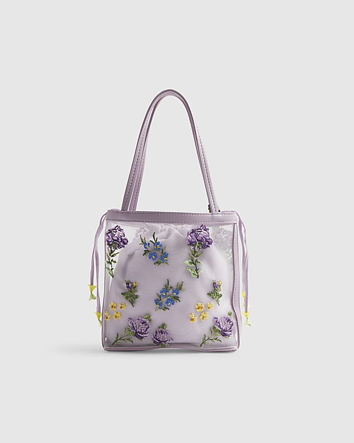 Purple Mesh Embroidered Mini Tote Bag