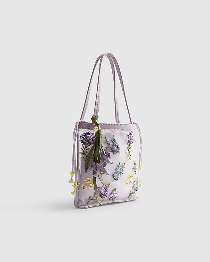 Purple Mesh Embroidered Mini Tote Bag
