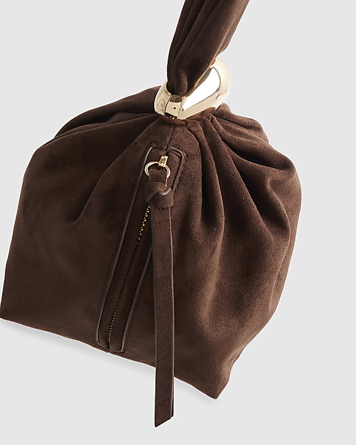 Brown Faux Suede Gold Detail Clutch Bag
