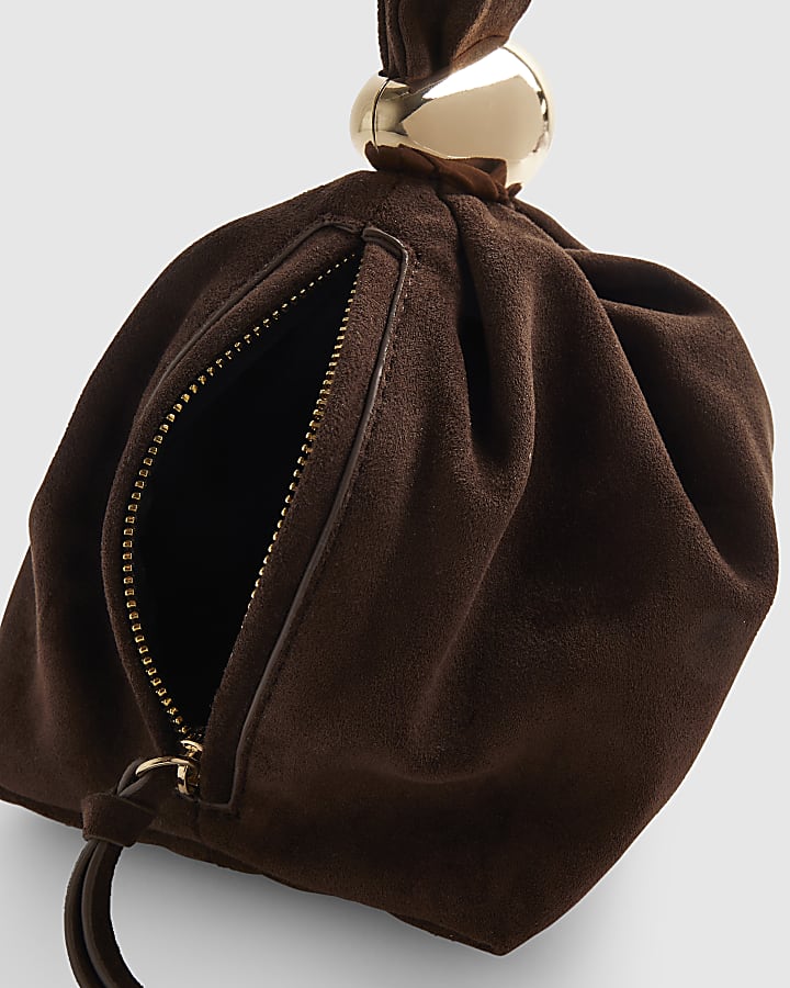 Brown Faux Suede Gold Detail Clutch Bag