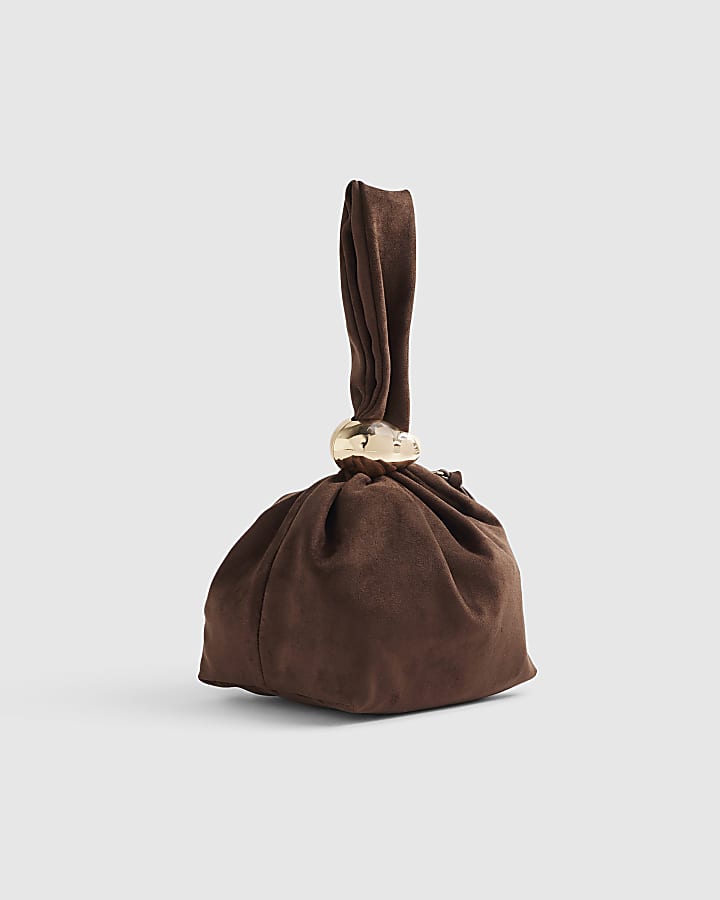 Brown Faux Suede Gold Detail Clutch Bag